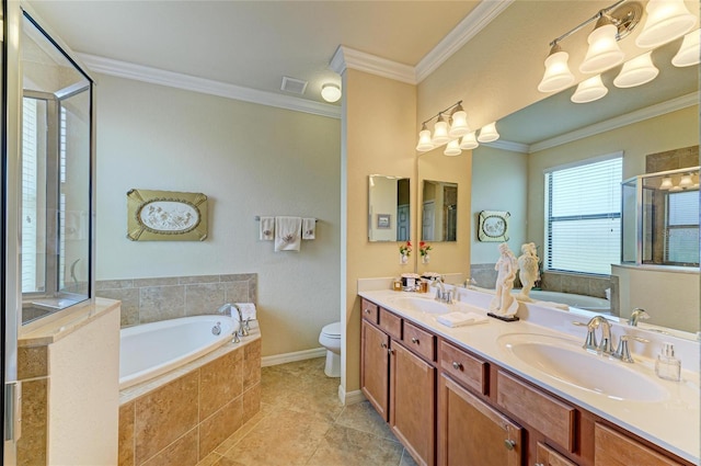 19889 Benissimo Dr, Venice, FL 34293 - bathroom featuring crown molding, toilet, a sink, a stall shower, and double vanity