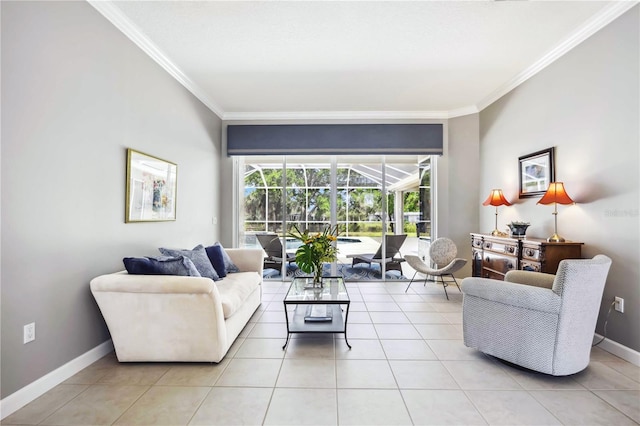 living area featuring a sunroom, baseboards, ornamental molding, and light tile patterned floors