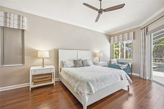 bedroom with crown molding, access to outside, and wood finished floors