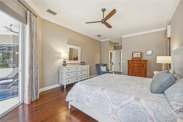 bedroom with crown molding, dark wood finished floors, access to exterior, baseboards, and visible vents