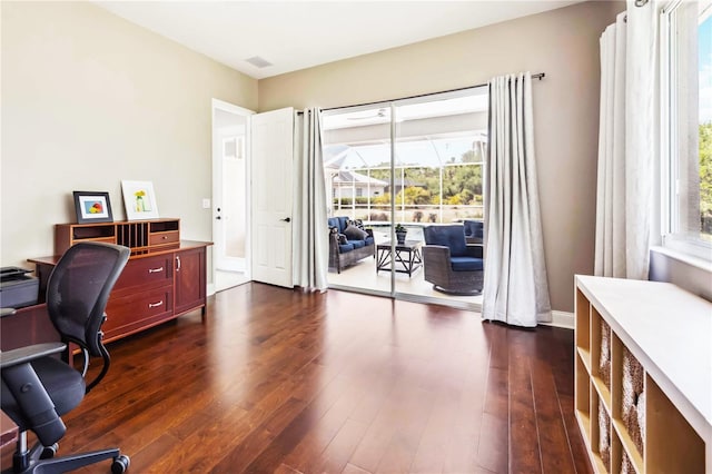 home office with visible vents and dark wood-style flooring