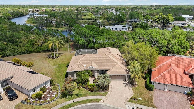 drone / aerial view with a water view