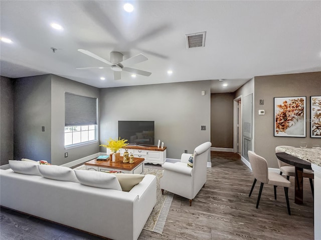 4850 51st St W Unit 4205, Bradenton, FL 34210 - living room with recessed lighting, wood finished floors, visible vents, a ceiling fan, and baseboards