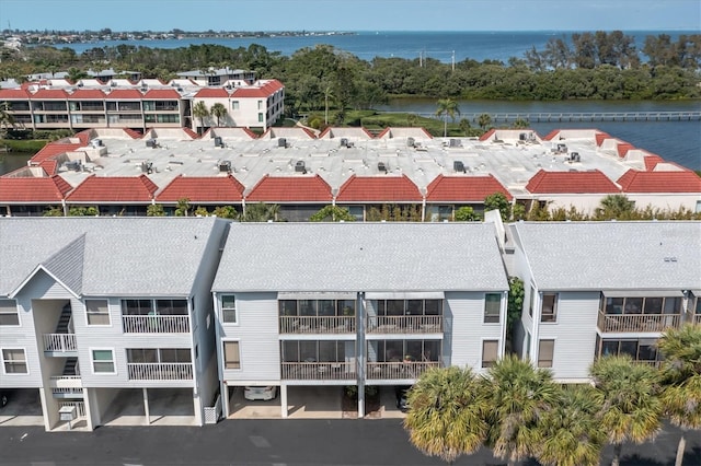 drone / aerial view with a water view