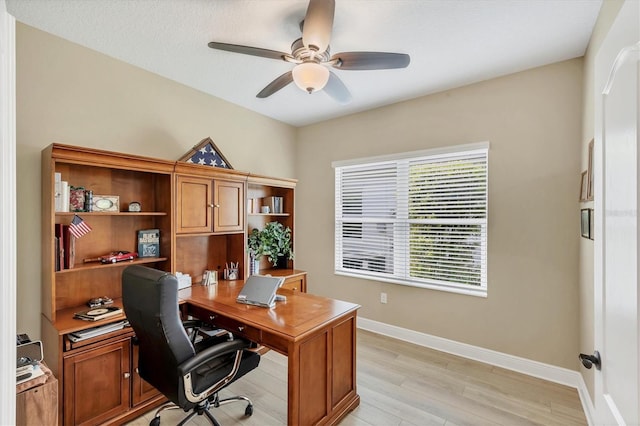 2628 Sapphire Blue Ln, Bradenton, FL 34211 - office area featuring a ceiling fan, light wood-type flooring, and baseboards