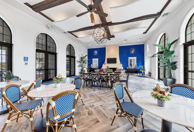 2628 Sapphire Blue Ln, Bradenton, FL 34211 - dining room featuring ceiling fan, recessed lighting, coffered ceiling, beamed ceiling, and french doors