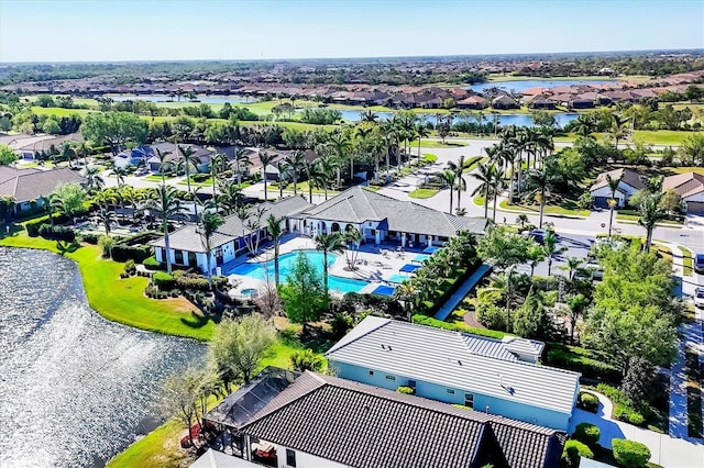2628 Sapphire Blue Ln, Bradenton, FL 34211 - aerial perspective of suburban area featuring a large body of water and a pool area