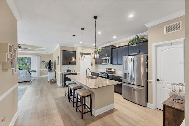 2628 Sapphire Blue Ln, Bradenton, FL 34211 - kitchen featuring stainless steel appliances, a sink, a breakfast bar, an island with sink, and light wood finished floors