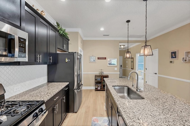 2628 Sapphire Blue Ln, Bradenton, FL 34211 - kitchen with stainless steel appliances, a sink, dark cabinetry, light wood finished floors, and decorative backsplash