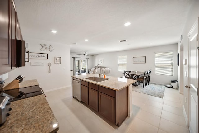 kitchen with recessed lighting, a sink, an island with sink, ceiling fan, and dishwasher