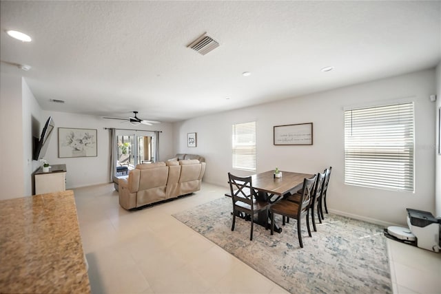 dining space with baseboards, visible vents, recessed lighting, and a ceiling fan