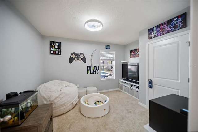 living area with baseboards, carpet floors, and a textured ceiling