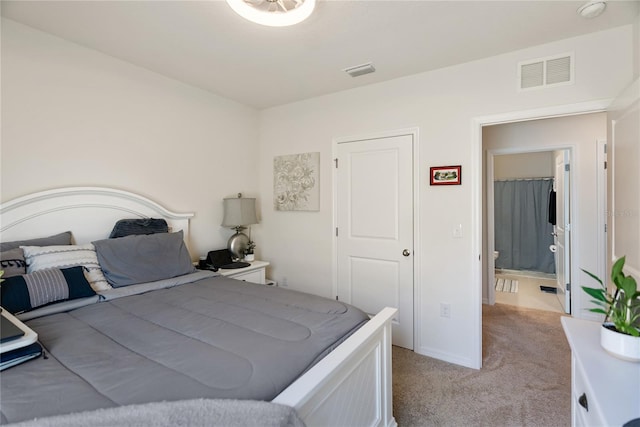 bedroom with baseboards, visible vents, and light colored carpet