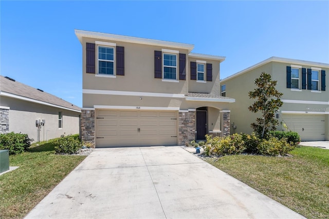traditional-style home featuring a garage, concrete driveway, stucco siding, and a front lawn
