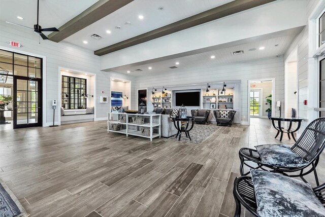 17675 Azul Dr, Lakewood Ranch, FL 34202 - living area featuring visible vents, a ceiling fan, beam ceiling, recessed lighting, and wood finished floors