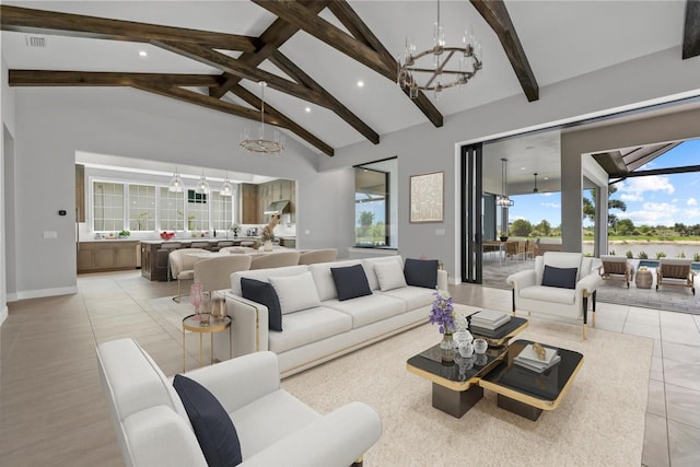 9241 Starry Night Ave, Sarasota, FL 34241 - living area featuring high vaulted ceiling, beam ceiling, a chandelier, light tile patterned floors, and recessed lighting