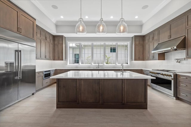 9241 Starry Night Ave, Sarasota, FL 34241 - kitchen featuring light countertops, a sink, a raised ceiling, built in appliances, and under cabinet range hood