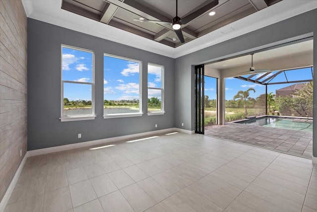 9241 Starry Night Ave, Sarasota, FL 34241 - unfurnished room featuring a ceiling fan, a sunroom, coffered ceiling, and baseboards
