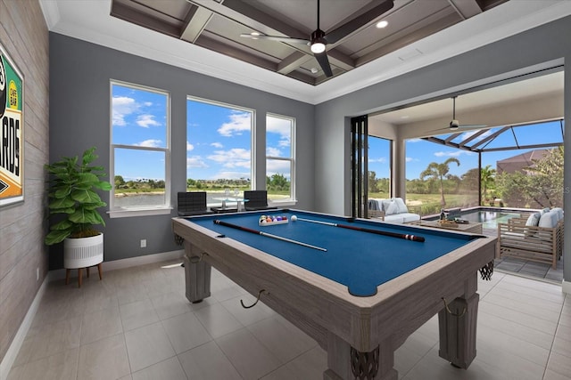 9241 Starry Night Ave, Sarasota, FL 34241 - rec room featuring crown molding, baseboards, a ceiling fan, pool table, and coffered ceiling