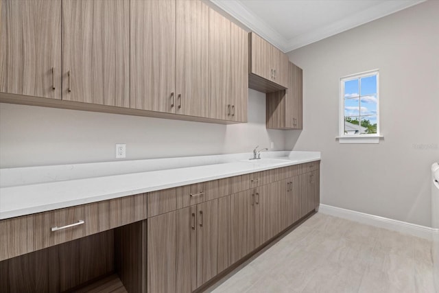 9241 Starry Night Ave, Sarasota, FL 34241 - kitchen featuring crown molding, baseboards, light countertops, and a sink