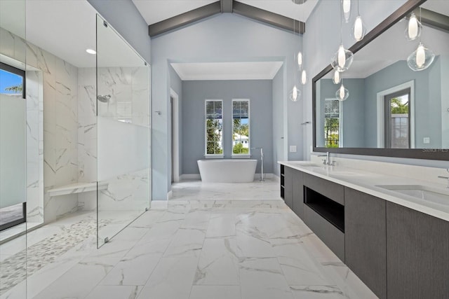 9241 Starry Night Ave, Sarasota, FL 34241 - bathroom featuring a sink, marble finish floor, a marble finish shower, and a freestanding tub