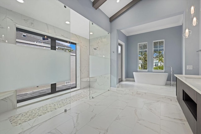 9241 Starry Night Ave, Sarasota, FL 34241 - full bath featuring recessed lighting, marble finish floor, a marble finish shower, and a soaking tub
