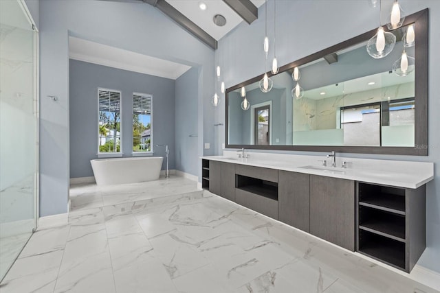 9241 Starry Night Ave, Sarasota, FL 34241 - bathroom featuring baseboards, marble finish floor, a marble finish shower, a sink, and a freestanding bath