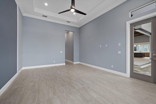 9241 Starry Night Ave, Sarasota, FL 34241 - empty room featuring a raised ceiling, baseboards, visible vents, ceiling fan, and ornamental molding