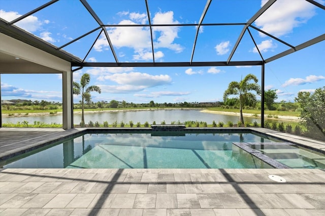 9241 Starry Night Ave, Sarasota, FL 34241 - view of pool with a pool with connected hot tub, a water view, and glass enclosure