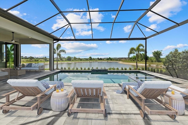 9241 Starry Night Ave, Sarasota, FL 34241 - outdoor pool with a water view, a lanai, outdoor lounge area, and a patio area
