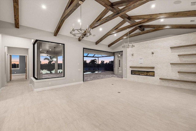 9241 Starry Night Ave, Sarasota, FL 34241 - unfurnished living room featuring high vaulted ceiling, a fireplace, baseboards, beamed ceiling, and an inviting chandelier