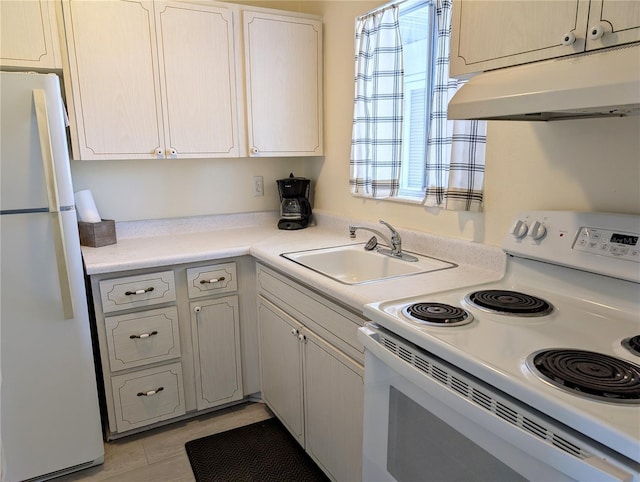kitchen with under cabinet range hood, white appliances, plenty of natural light, and a sink