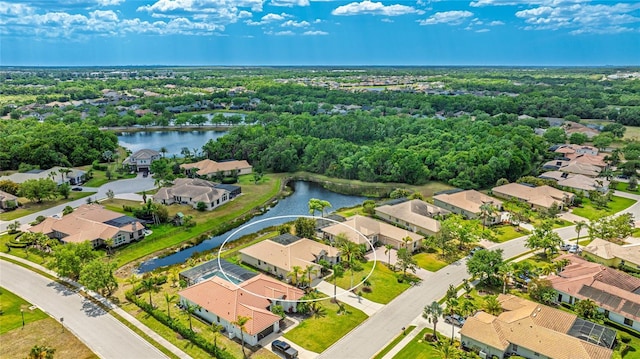 bird's eye view featuring a residential view and a water view
