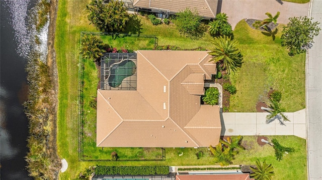 aerial view featuring a water view