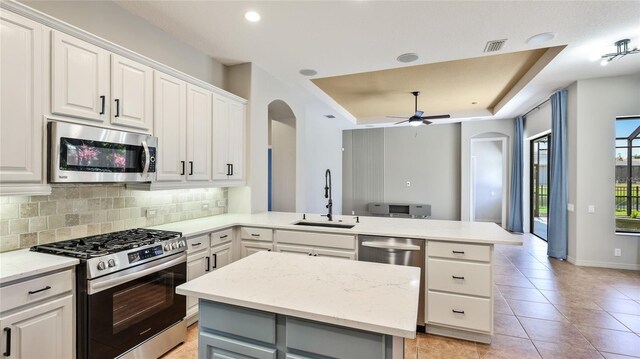 kitchen featuring a peninsula, stainless steel appliances, arched walkways, a sink, and a tray ceiling