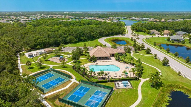 birds eye view of property featuring a water view