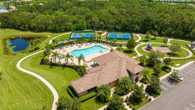 aerial view featuring a water view