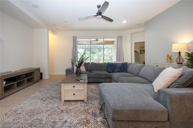 12841 Balsam Ter, Bradenton, FL 34212 - living room featuring light tile patterned floors, a ceiling fan, baseboards, and recessed lighting