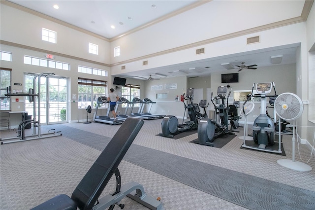 12841 Balsam Ter, Bradenton, FL 34212 - gym with carpet floors, ceiling fan, crown molding, recessed lighting, and baseboards