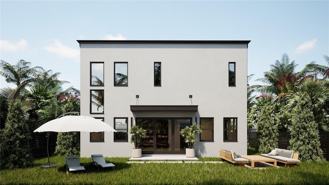 3901 30th Ave S, Saint Petersburg, FL 33711 - rear view of house with stucco siding, a lawn, french doors, and outdoor lounge area