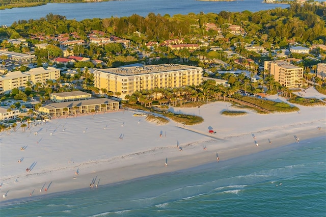 aerial view with a water view and a view of the beach