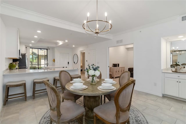 dining room with a notable chandelier, crown molding, visible vents, and light tile patterned floors