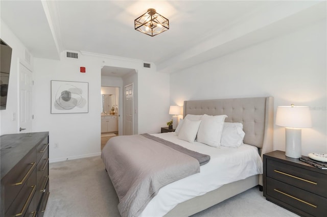 bedroom with connected bathroom, light carpet, crown molding, and visible vents