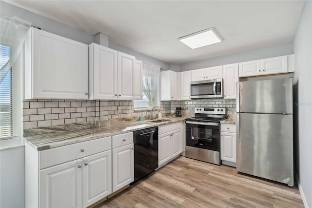 kitchen with a sink, light wood finished floors, white cabinetry, appliances with stainless steel finishes, and decorative backsplash