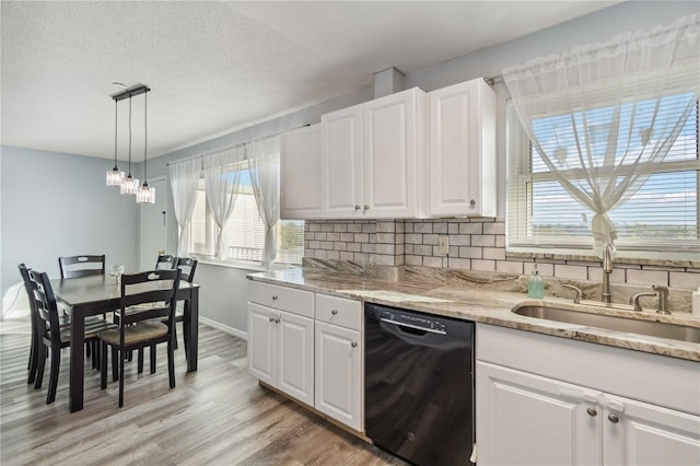 kitchen with dishwasher, a sink, white cabinetry, and backsplash