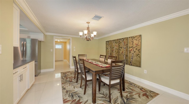 dining space with a chandelier, light tile patterned floors, crown molding, visible vents, and baseboards