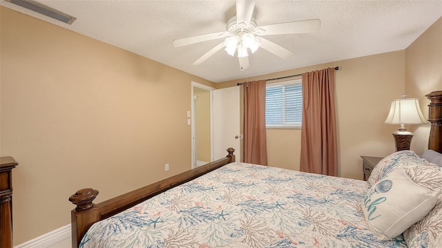 bedroom featuring a textured ceiling, visible vents, and ceiling fan