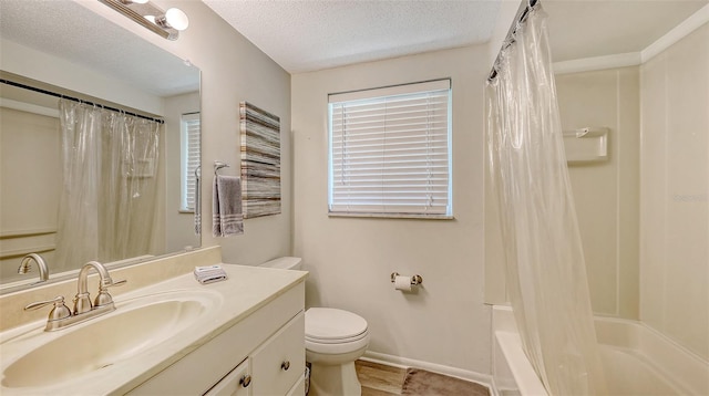 full bathroom with a wealth of natural light, vanity, toilet, and baseboards