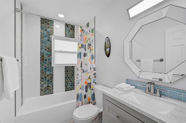 bathroom featuring vanity, shower / bathtub combination with curtain, backsplash, and toilet