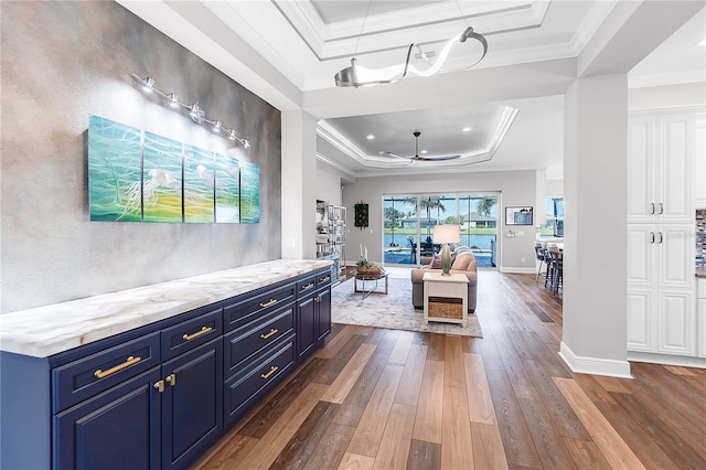 4625 Foxtail Dr, Parrish, FL 34219 - living area with a tray ceiling, dark wood-type flooring, ornamental molding, baseboards, and recessed lighting